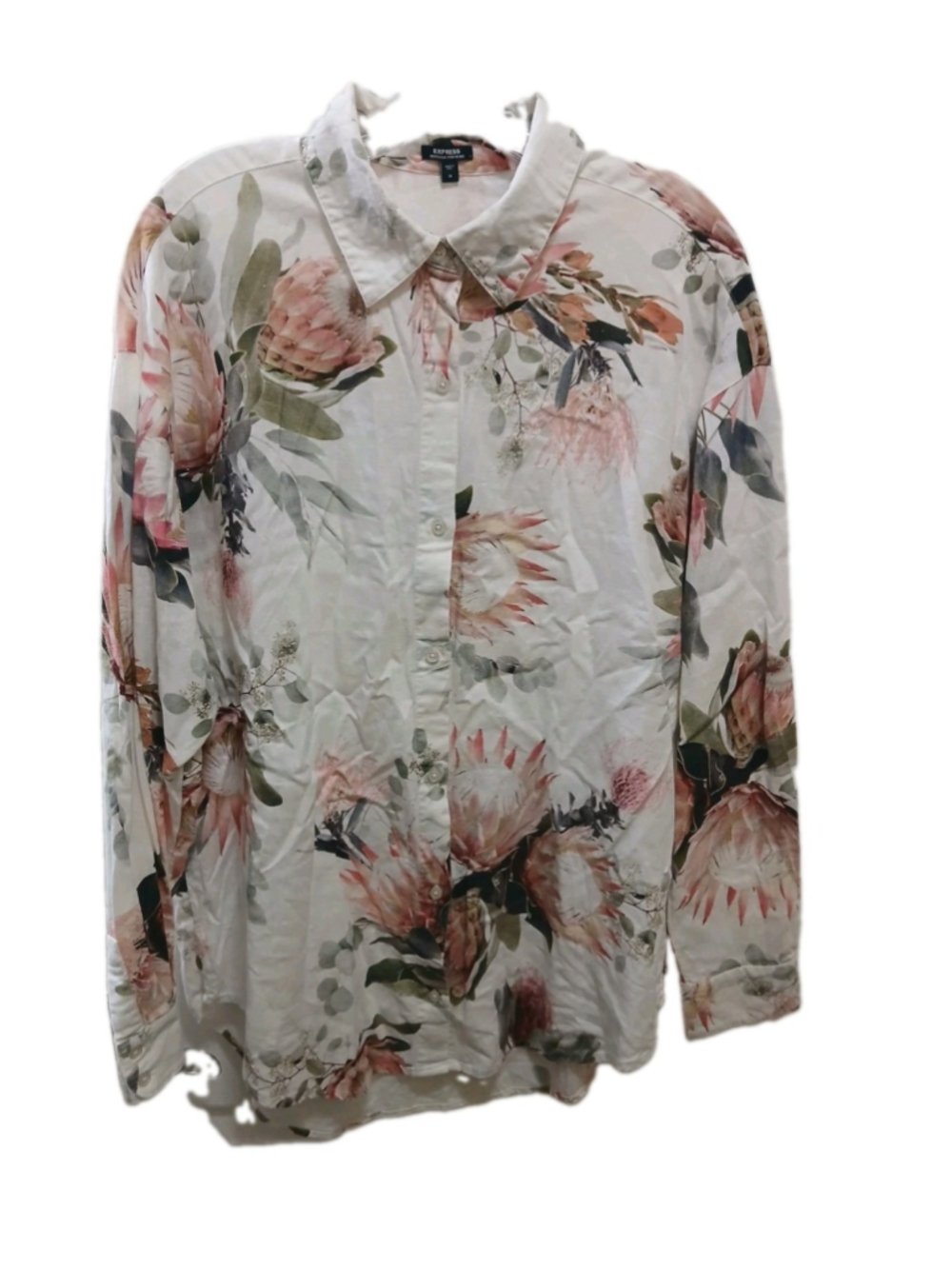 Express Boyfriend Portofino Sz M Linen Blend Floral Print Button Front Shirt
